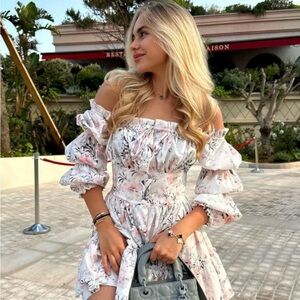 White and Pink Ruffled Tiered Sundress with Bishop Sleeves